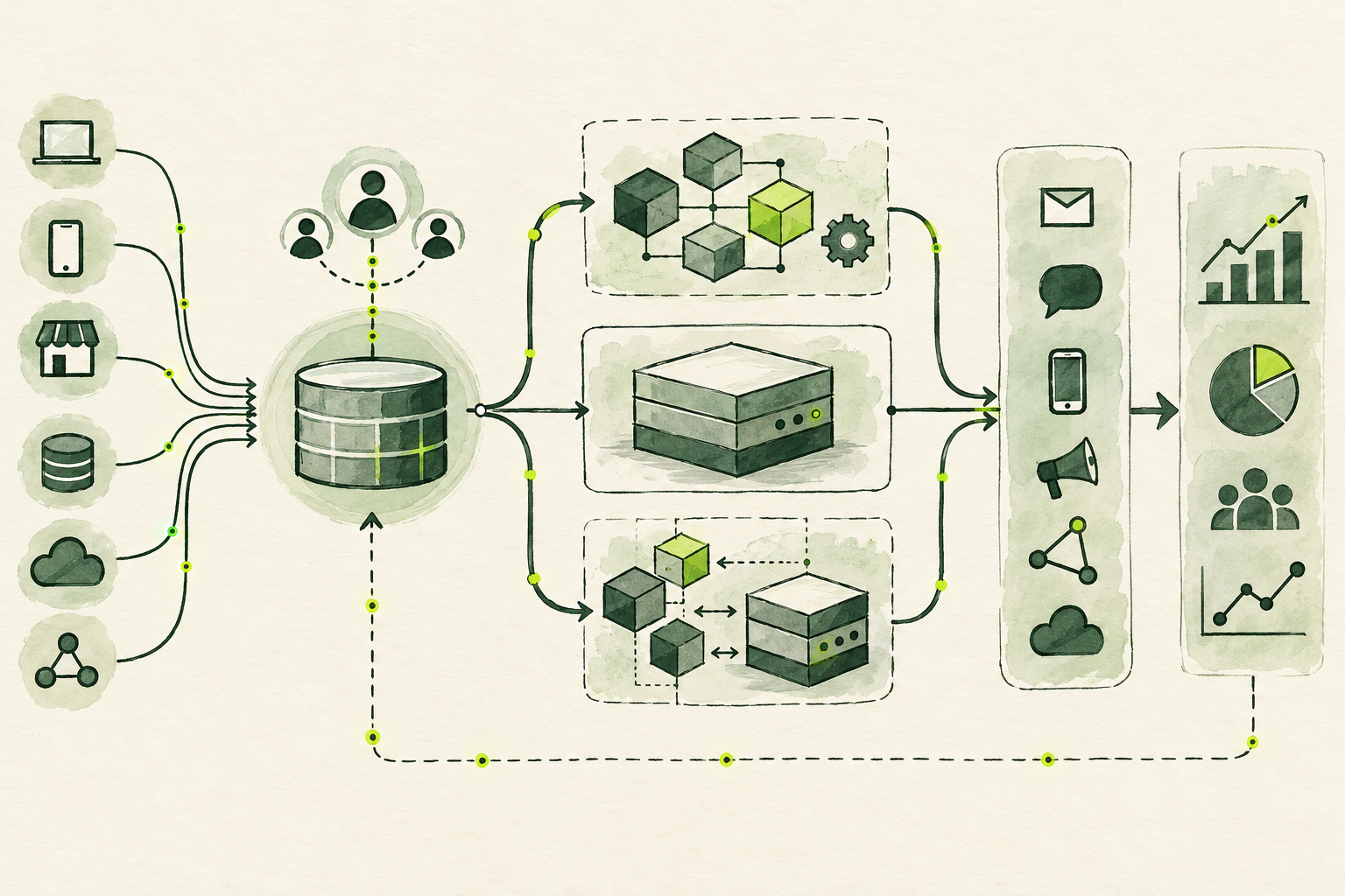 Hand-drawn customer data architecture comparing composable, packaged, and hybrid CDP approaches.