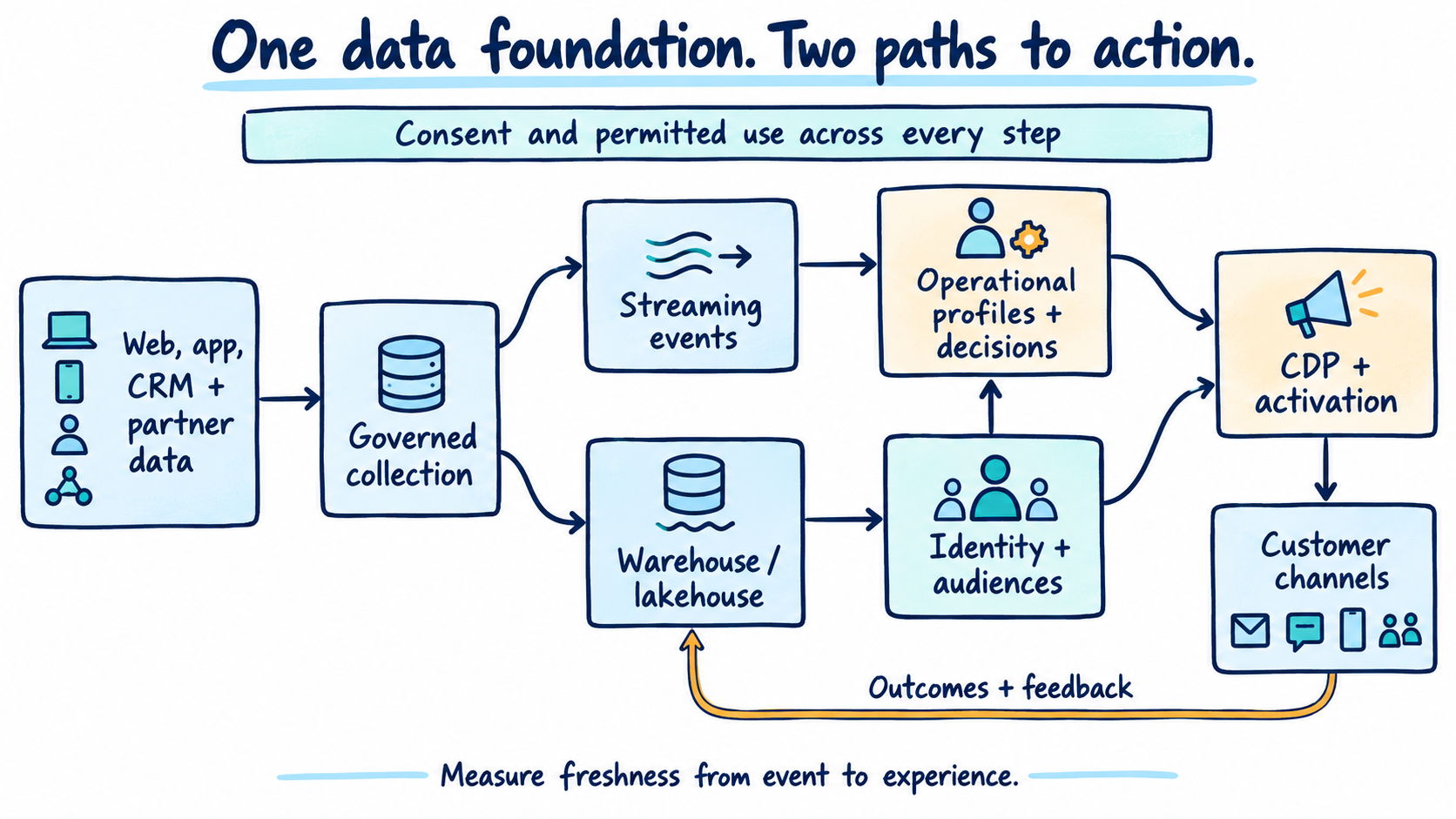 Governed collection feeding streaming and warehouse paths, activation, and an outcomes feedback loop.