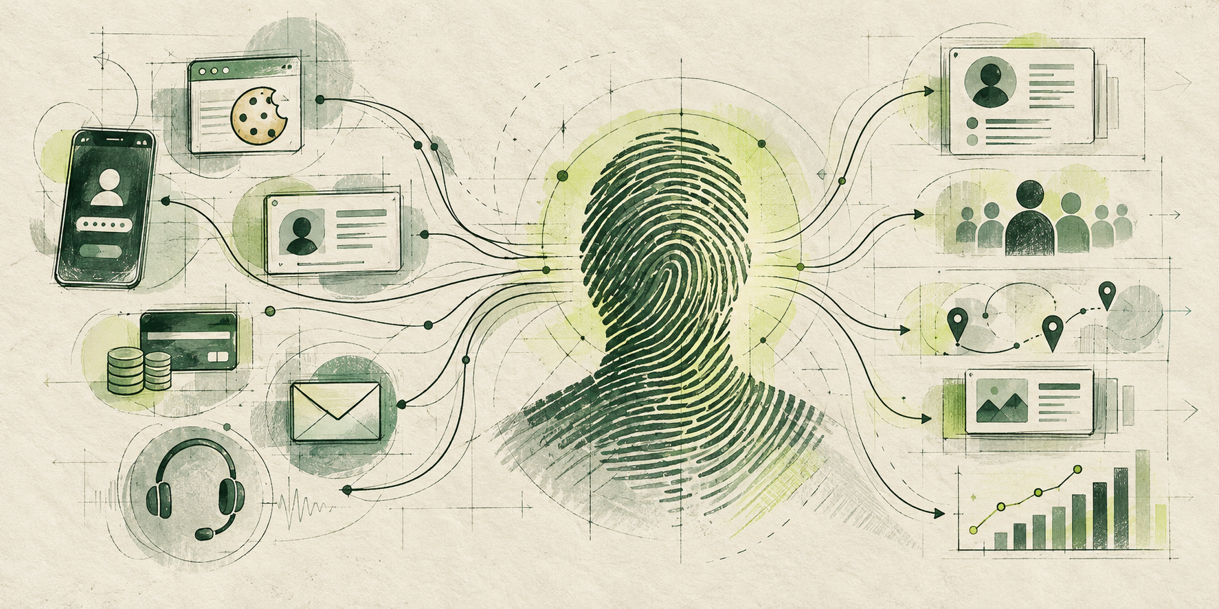 Hand-drawn digital identity illustration showing fragmented customer signals converging into one trusted fingerprint identity.